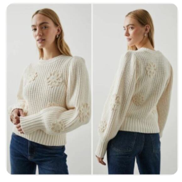 Rails Medium chunky knit sweater Cream flower Crochet Saks EUC Romy Ivory - Picture 1 of 16
